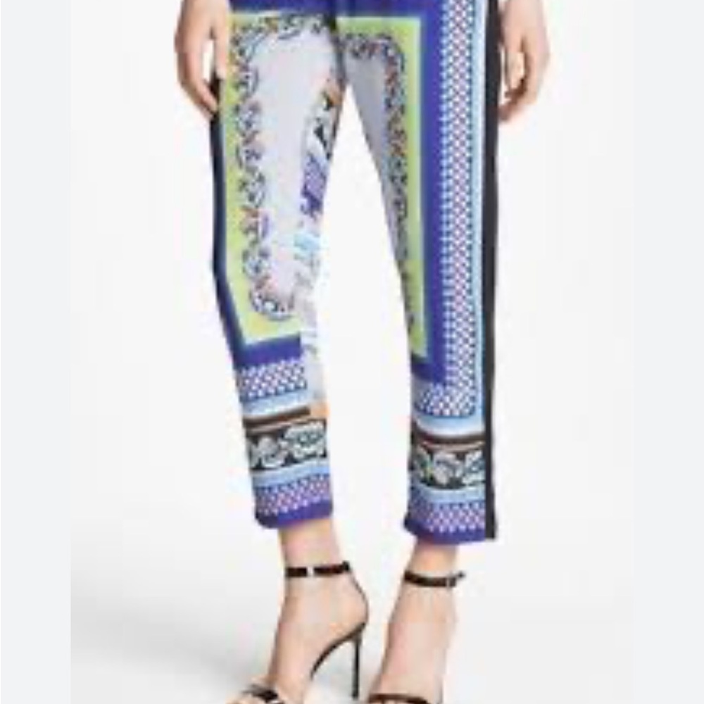 Clover Canyon Blue Green Cropped Pants with Ornamental Print